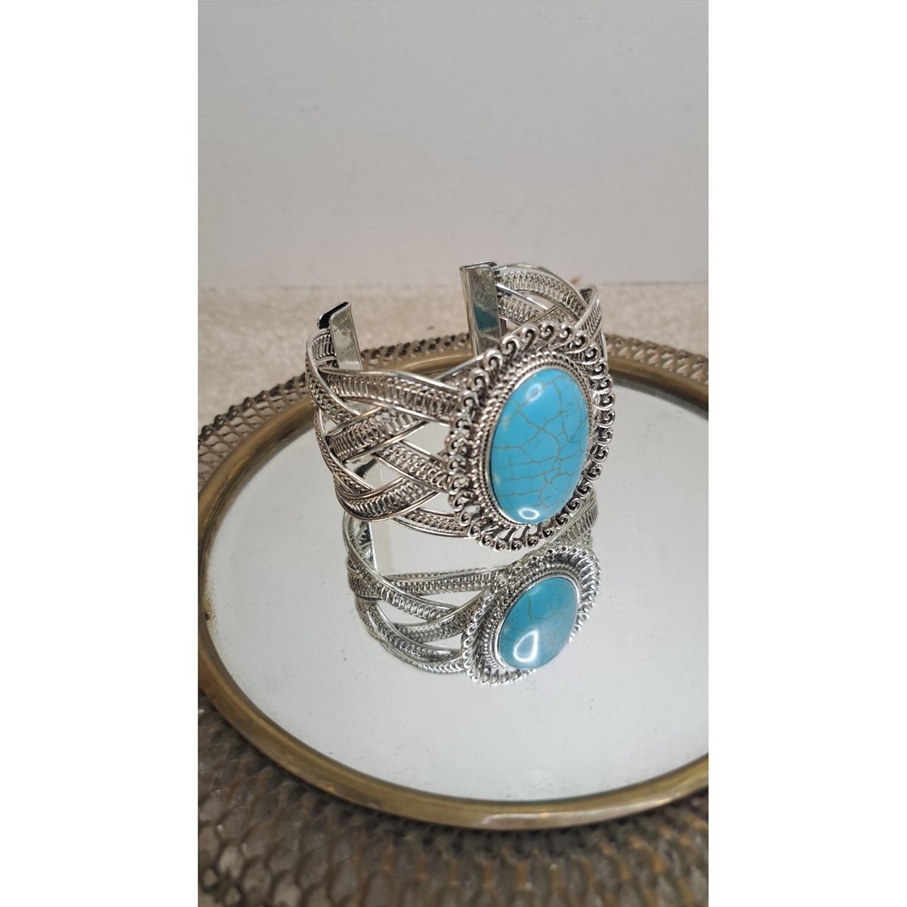 Southwestern Faux Turquoise Intricate Silver-Tone Cuff Bracelet Boho Chic